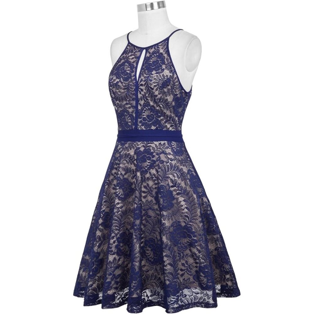 KATE KASIN (M) Navy Blue Nude Floral Lace Dress Sleeveless A-Line Skater